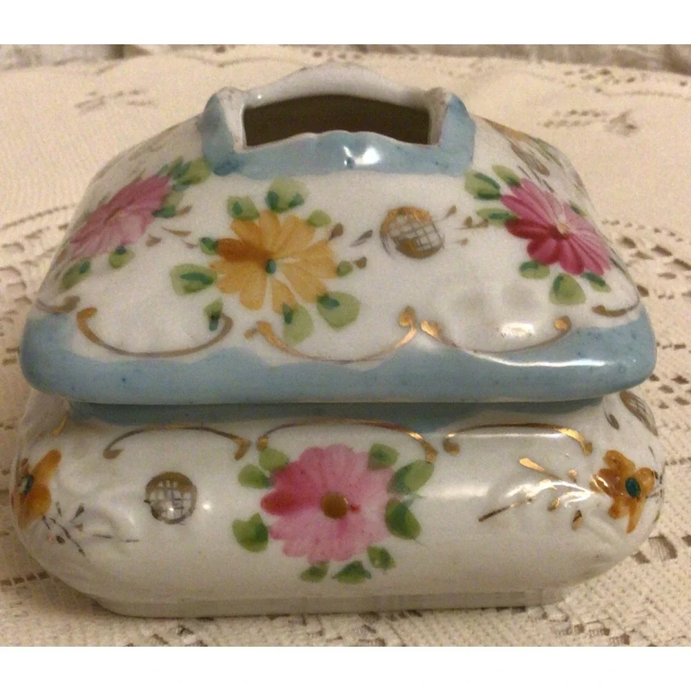 Vintage Hand-Painted Floral Porcelain Hair Receiver or TrinketBox